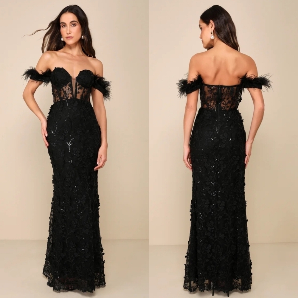 Lulus Midnight Sparkle Black Embroidered Feather Bustier Maxi Dress Wedding